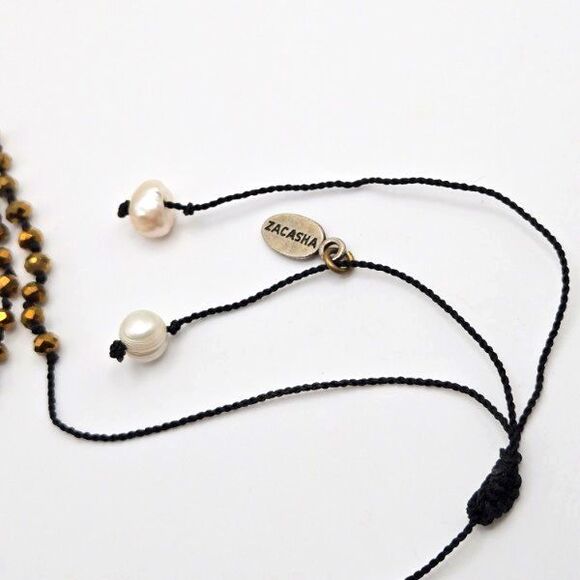 Zacasha Long Hand Knotted Goldtone and Genuine Baroque Pearl Beaded Necklace - Picture 3 of 3